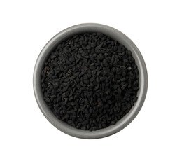 Black cumin seeds in bowl isolated on white, top view