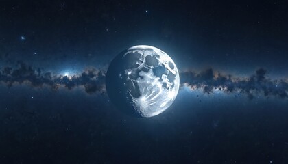 Obraz premium Vast cosmic expanse features luminous moon center frame. Nebula cloud band crosses dark sky dotted with numerous stars. Earth moon system depicted against distant galaxy.