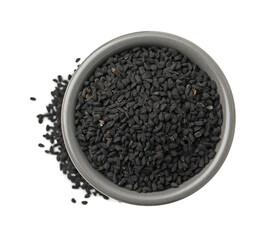 Black cumin seeds in bowl isolated on white, top view