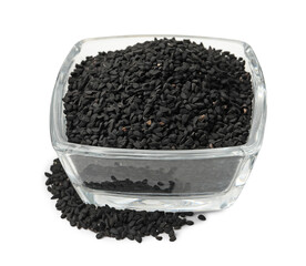 Black cumin seeds in bowl isolated on white
