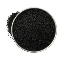 Black cumin seeds in bowl isolated on white, top view