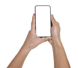 Man holding smartphone with blank screen on white background, closeup. Mockup for design