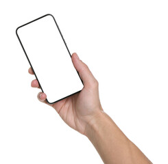 Man holding smartphone with blank screen on white background, closeup. Mockup for design