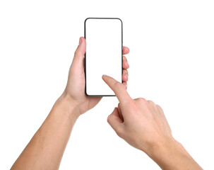 Man holding smartphone with blank screen on white background, closeup. Mockup for design