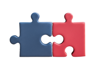 Two puzzle pieces blue and red connecting together isolated on a transparent background jigsaw