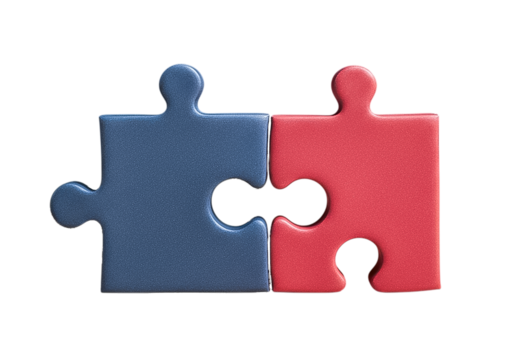 Two puzzle pieces blue and red connecting together isolated on a transparent background jigsaw