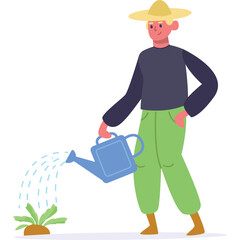 Blonde Haired Man Wearing Yellow Straw Hat And Blue Long Sleeved Shirt Watering A Small Green Plant With A Blue Watering Can On A White Background Detailed Illustration