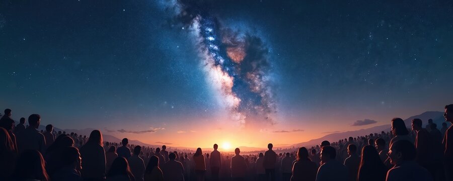 Silhouettes of a large crowd stand on a hill, gazing at the vast expanse of the Milky Way galaxy above during twilight. People observe stars and cosmic wonders as night falls.