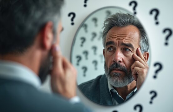 Mature man with beard looks in mirror surrounded by question marks. He touches face, lost in thought about life choices or identity issues, deep contemplation.
