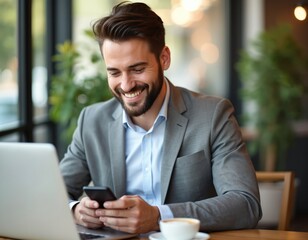 Smiling man in suit uses phone, laptop at cafe table with coffee cup. Busy businessman checks app, manages finances online. Work, communication, modern life, mobile banking, e-commerce. Pro man