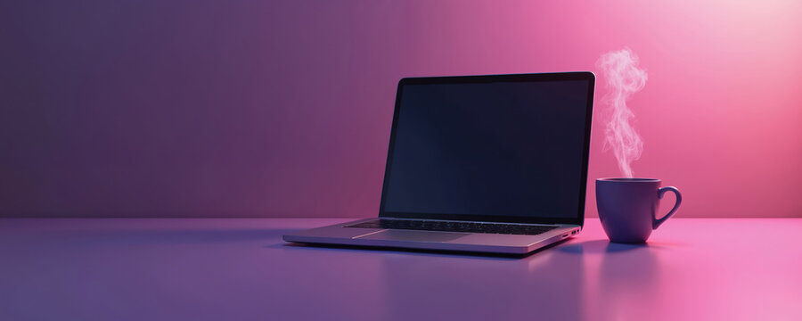 Laptop, steaming coffee cup sit on vibrant purple pink gradient desk. Creative tech workspace, ideal for design work, remote business, digital productivity. Minimalist setup for fresh ideas study