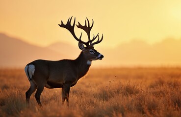 Obraz premium Majestic mule deer buck with large antlers stands in tall dry grass field during golden hour sunset. Animal in its natural habitat during autumn. Wildlife scene with mountain landscape.