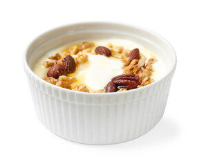 Delicious Greek yogurt with honey and nuts isolated on white