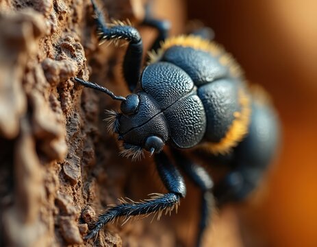 Close-up macro view of a black beetle with yellow markings on bark. Insect has bristly legs and antennae. It crawls on textured tree surface. - Powered by Adobe