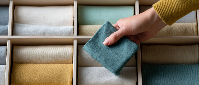 Hand selecting folded colored fabric swatches from organized wooden storage compartments for textile or interior design purposes