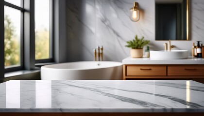 marble table with unoccupied surface against a blurry bathroom as the copy space image