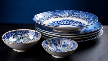 blue and white porcelain dishes arranged artistically on a dark background showcasing intricate floral patterns and various sizes and shapes of bowls