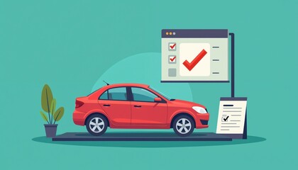 Red car on service platform with computer screen showing auto test results. System checks passed with large red checkmark. Digital vehicle inspection report approved successfully. Modern car