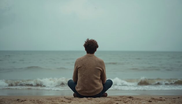 Lonely person sits on sandy beach. Ocean waves roll to shore under grey sky. Man looks out at sea. Contemplation and solitude fill scene. Peaceful, pensive feeling.