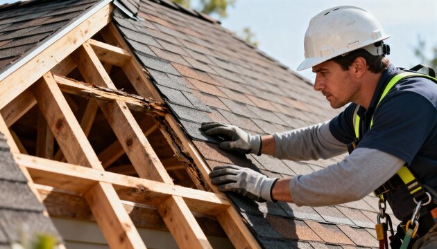 Closeup of a roofing expert inspecting gable roof structure for cracks and potential weak points affecting stability.