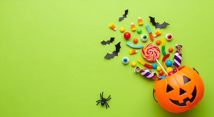 Spooky candy spilling from festive jack-o'-lantern bucket, Halloween treats and decorations create playful, vibrant design for invitations and social media