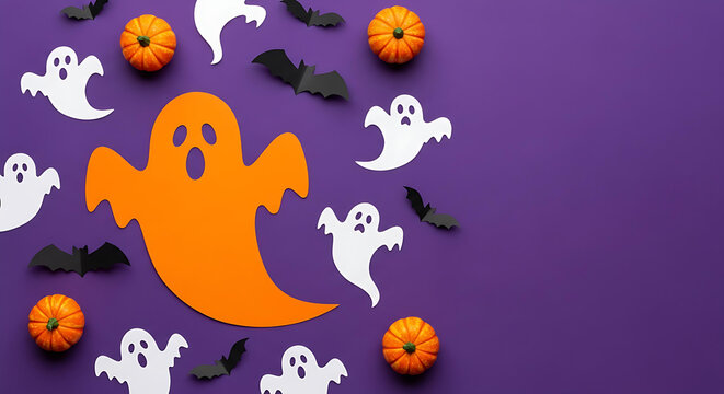 Spooky Halloween season decor featuring ghosts, bats, and pumpkins for festive designs, events, and playful invitations for autumn celebrations
