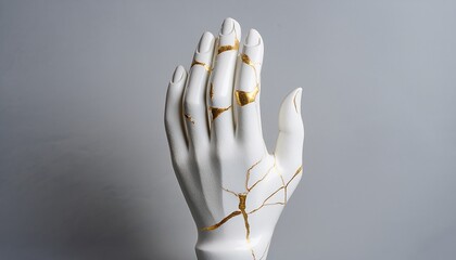a white ceramic hand sculpture broken and repaired with golden kintsugi lines symbolizing resilience healing and the beauty of imperfection