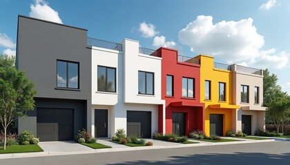 Fototapeta premium Modern row houses with bright colored facades stand on a suburban street. Contemporary townhomes have garages and rooftop decks under a clear blue sky. These houses offer urban living.