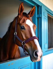 Fototapeta premium Beautiful brown horse looks out from a blue stable stall. White blaze on face, wearing a dark halter. Horse watches surroundings from its barn window. Animal poses calmly in daytime sun.