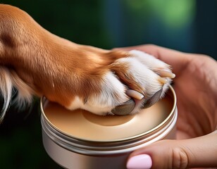 a close up of a paw balm tin and a dog paw being gently held by a hand