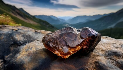natural shilajit resin on rocky surface with deep gray tones and textures in a rugged mountain landscape conveying an ancient healing power