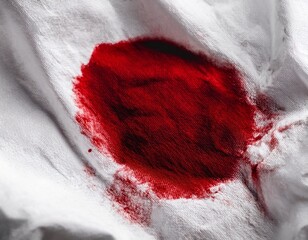 high quality close up of a dark red blood stain on crumpled white fabric with splatter edges on top left corner room for text or design addition