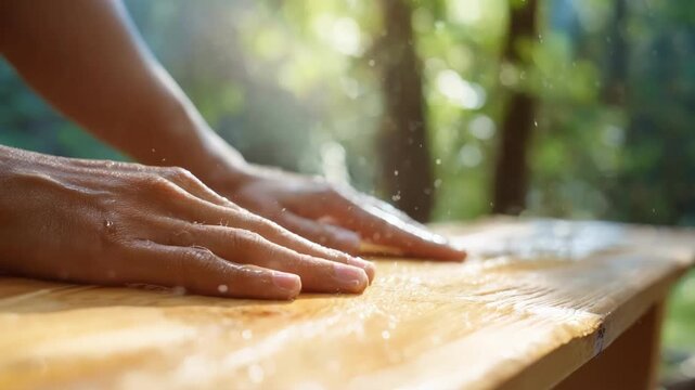 Closeup of hands applying biodegradable coating to wooden surface showcasing ecofriendly technology for sustainable protection in a bright natural setting.