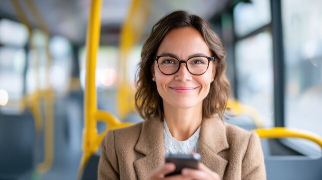 Smiling Woman with Glasses Using Smartphone While Riding Public Bus