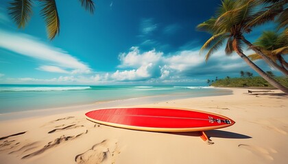vibrant tropical beach scene featuring a red surfboard on golden sand with palm trees turquoise water and fluffy clouds under a bright sky