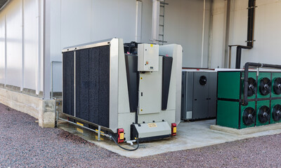 Large industrial outdoor air-cooled condensing unit machinery for commercial HVAC climate control...