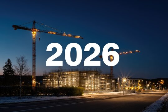 Construction site at night with cranes and glowing lights and 2026 text - Powered by Adobe