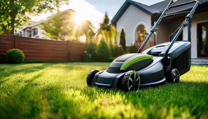 close up of electric lawn mower cutting green grass in backyard of suburban house