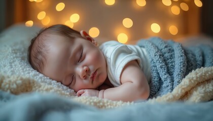 Peaceful baby sleeps soundly in soft blankets. Warm fairy lights create cozy atmosphere. Innocent infant rests calmly in crib. Cherubic child dreams sweetly. Pure childhood moment.