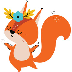 Cute cartoon orange squirrel wearing a blue flower crown with yellow leaves dancing joyfully with eyes closed and paws in the air on a transparent background