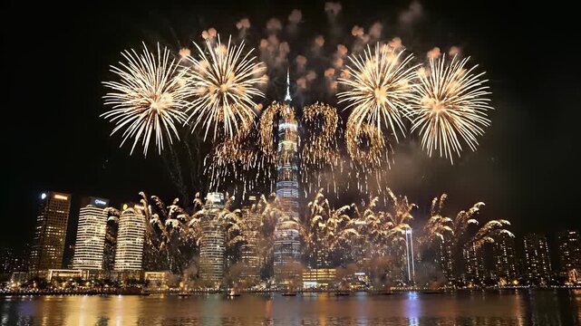 Fireworks explosions illuminate the night sky above bustling cityscapes, capturing the excitement and celebration of special occasions, making it an ideal visual representation for holiday.