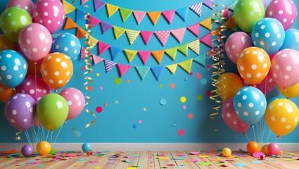 Vibrant balloons in various colors and patterns surround a cheerful space adorned with colorful banners and confetti, creating a lively atmosphere perfect for celebrations and gatherings