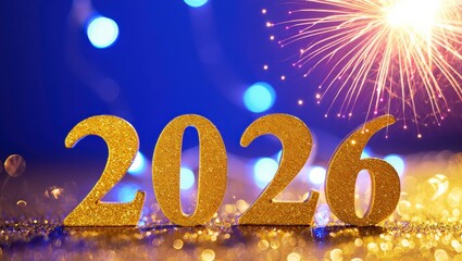 Shimmering golden numbers representing 2026 are surrounded by colorful festive lights and fireworks, creating a vibrant atmosphere for celebrating New Years Eve and welcoming the new year