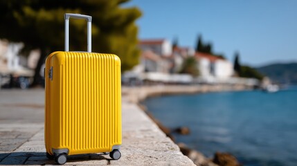 Bright Yellow Suitcase by the Seaside Promenade on a Sunny Day