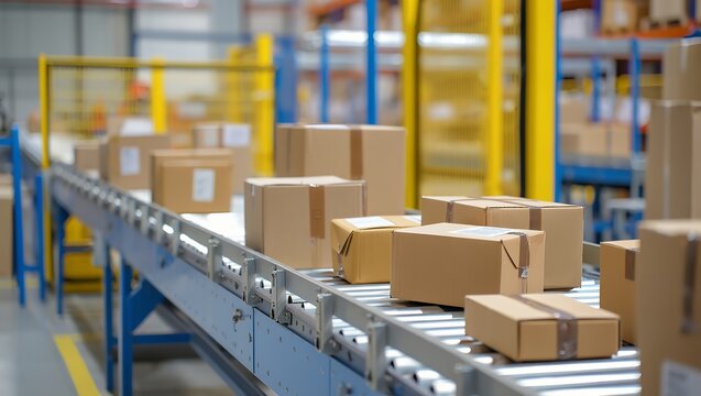 Cardboard boxes are neatly arranged on a conveyor belt in a spacious warehouse, illuminated by bright overhead lights, showcasing an organized logistics environment and efficient packaging process - Powered by Adobe