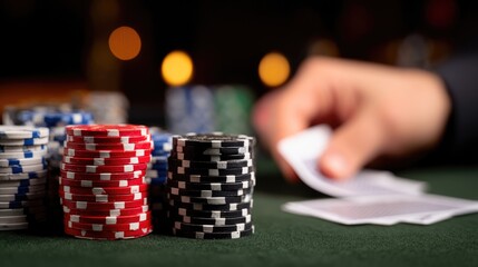 Naklejka premium Colorful Poker Chips and Playing Cards on Casino Table During High-Stakes Game
