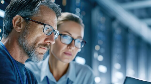 Engineers Analyzing Data in Server Room