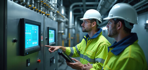 Two engineers in safety jackets, helmets review control panel data. Professionals working at industrial plant examining system parameters. Maintenance tech staff checks machinery, equipment for