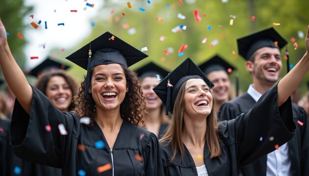 Diverse group of students celebrate graduation outdoors. They wear academic caps and gowns. Confetti falls around joyful young adults. Friends raise hands, laugh, marking college success.