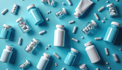 Fototapeta premium Medicine arrangement on a blue background. Bottles pills and capsules are displayed. The scene presents pharmaceutical products. Health and wellness concept. Medical theme is highlighted.